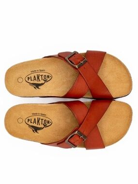 PLANKTON - Crossover Strap Red Leather Cork Sandal Slide - 42 / Women's 11